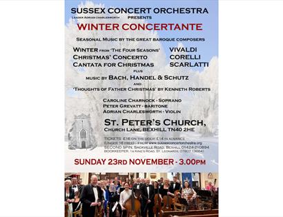 Iamge shows a poster for the winter Concertante that is held at St Peter's church. The image shows the group in action. The writing says: Sussex Conce