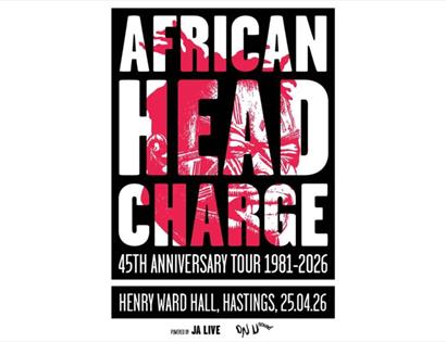 Poster for African Head Charge 45th Anniversary Tour, showing dates 1981–2026 and event at Henry Ward Hall, Hastings.