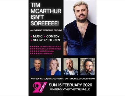 Poster for ‘Tim McArthur Isn’t Soreeeeee!’ featuring event details, guest performers, and show highlights for 15 February 2026.