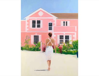 Painting of a person in a white dress walking toward a large pink house with green plants under a clear blue sky.