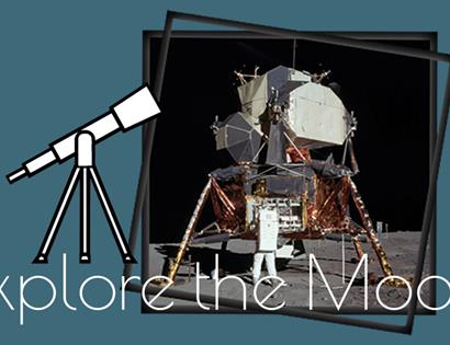 Explore The Moon poster. Image of a telescope.