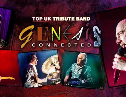 a red poster for tribute band genesis connected. white male musicians are each given there own square photograph on the red background. band name in c