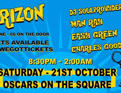poster for horizon DJ event at Oscars on the Square, St Leonards.