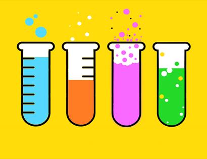bold poster with colourful test tube graphics.