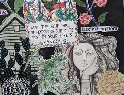 a painting of a lady saying 'may the blue bird of happiness build its nest in your life's garden'