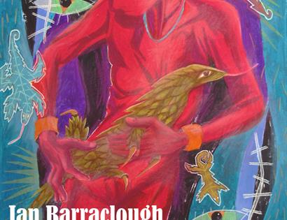 a painting by an Barraclough, a bird being held by a red man.