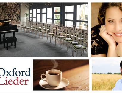 Poaster shows four photographs; room with piano and white chairs; a woman smiling; a man smiling; a coffee cup.
