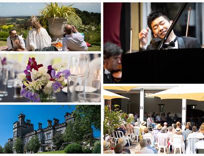collage of 5 images showing picnic and garden scenes and a pianist