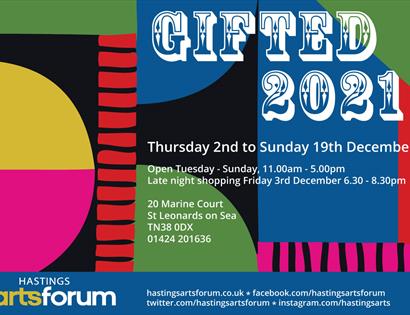 A poster with geometric coloured shapes as background. White text in front says Gifted 2021