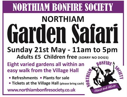 Black and purple poster publicising the Garden Safari event for Northiam Bonfire Society. Man on horse, Dick Turpin style, logo bottom right hand corn