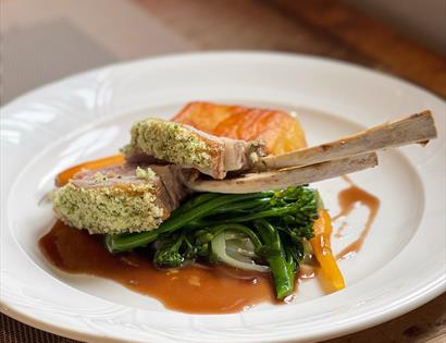 gourmet lamb dish presented on a white plate