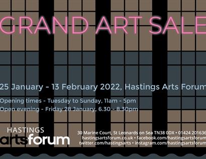 Poster for Grand Art Sale at Hastings Arts Forum contains text against tiled window background.