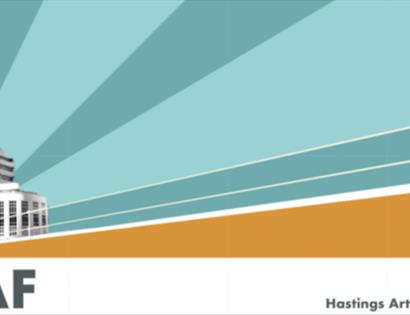 a graphic poster for Hastings Arts Forum. Bottom left hand corner shows illustration of large white building, rest of page has blue stripes for sky.