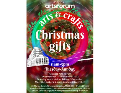 poster with Christmas feel and small graphic of marine court building in st leonards. text in description.