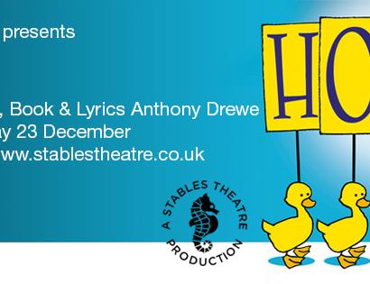 poster for honk! at stables theatre hastings. Shows blue background with cartoon ducklings.