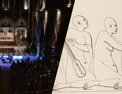photograph of a concert hall next to a line drawing of three figures playing instruments.