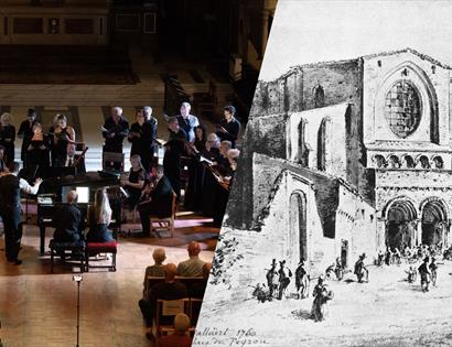 poster showing orchestra on stage and a sketch of a church building.