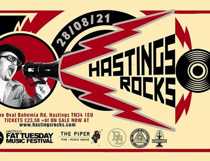 Poster for Hastings Rocks music festival. Light yellow background, red line border. Man on left shouts with megaphone, with words 'Hastings Rocks' lea