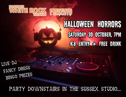 A poster for a halloween party. Background photograph shows pumpkin wearing headphones.