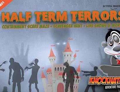 a poster with halloween zombie graphics that says Half term terrors