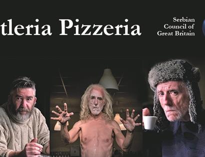 a poster for Hitleria Pizzeria at Stables Theatre. Shows five men.