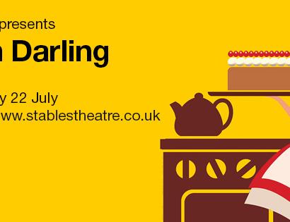 yellow poster with black text, as in description. Illustration shows lady in red dress holding a cake, next to a stove.