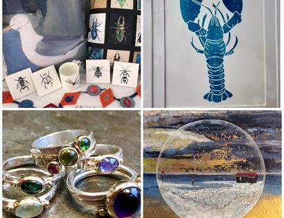 a square with 2x2 grid images of art works displays including jewellery, a print of a blue lobster and a seagull cushion.