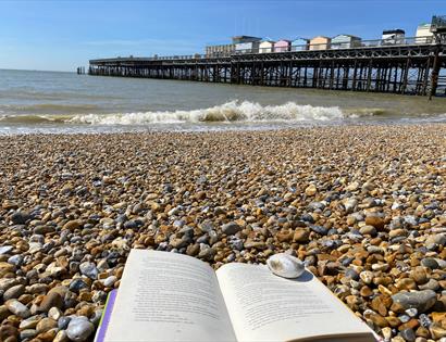 a photograph of hastings beach with book on pebbles in the foreground. Hastings Pier in background to the right.