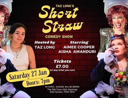 Poster for Taz Long's Short Straw Comedy. Shows three actresses posed holding flowers, and laughing.