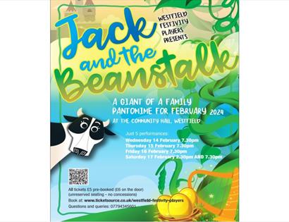 poster for Jack and the Beanstalk, includes graphic of a cow and some beans!