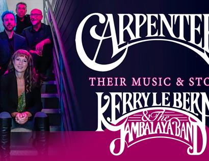 Promotional image for Carpenters: Their Music & Story, showing performers seated on a stairway beside bold concert title text.