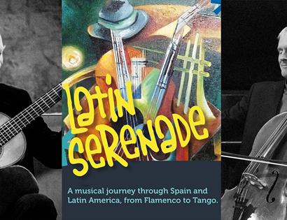 three images in a row. Two on each side are black and white photographs of white male musician wit string instruments. Middle image is a poster saying