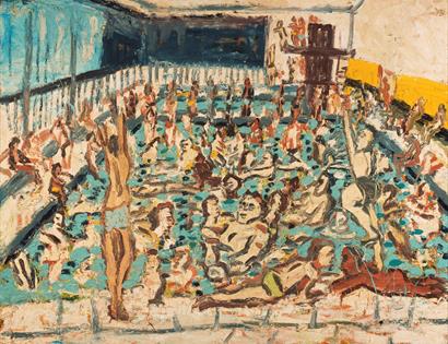painting in bold brushstrokes showing a crowded swimming pool.