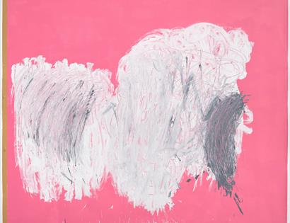 An abstract painting with a pink background and white and grew brushstrokes in the centre.