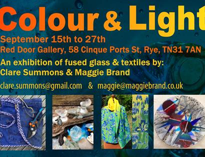 A poster for an exhibition at the Red Door Gallery, Rye, Rother. The name of the exhibition is at the top, called Colour and Light. There are four pic