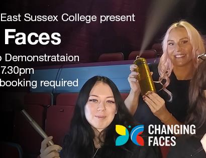 poster. Title reads "Changing Faces". Picture shows four women wearing black tshirts and holding make brushes and tools.