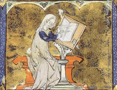 medieval tile of woman looking at book on plinth