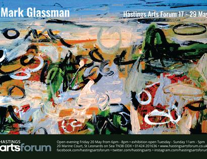 poster for mark glassman at arts forum shows abstract painting with circular brushstrokes in red yellow white green blue