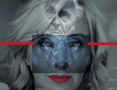 a multi-layered photograph with a black and white portraits of a man and woman and overlapping wolf face.