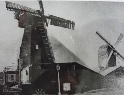 Black and white photo of windmills