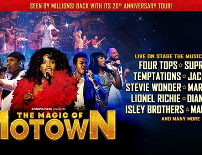 Concert poster for The Magic of Motown, showing energetic singers on stage with a list of classic Motown artists and hits.
