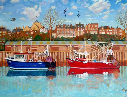 artwork of two small fishing boats, one red and one blue, against a harbour wall.