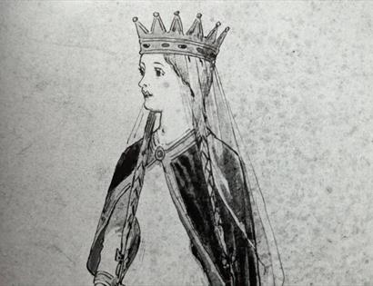 Drawing sketch of a queen, young woman wearing a crown, veil, and a robe.