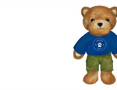Picture of a teddy bear in blue top and green shorts, against a white background.