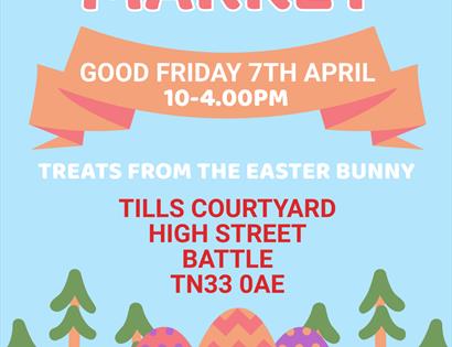 Blue poster with pink text that says "Easter Market"