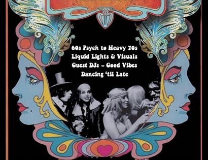 poster for Aquarius clubnight with pyschadelic design.