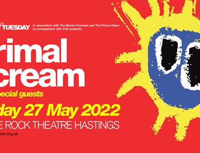 Poster for Primal Scream gig at White Rock Theatre Hastings. Red background with blue and yellow logo.