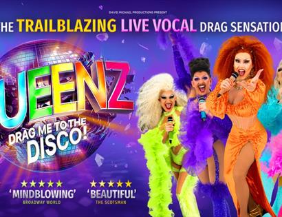 Vibrant poster for Queenz: Drag Me to the Disco, showing glamorous drag performers in bright outfits against a disco-themed backdrop.