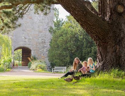 three children sitting under a tree at michelham priory grounds