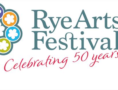 White banner poster for Rye Arts Festival. colourful flower motif and text 'celebrating 50 years'.